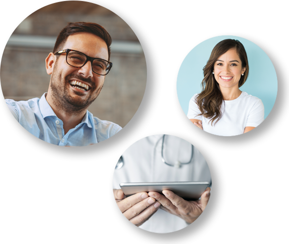 Man smiling; woman smiling, doctor reading chart.
