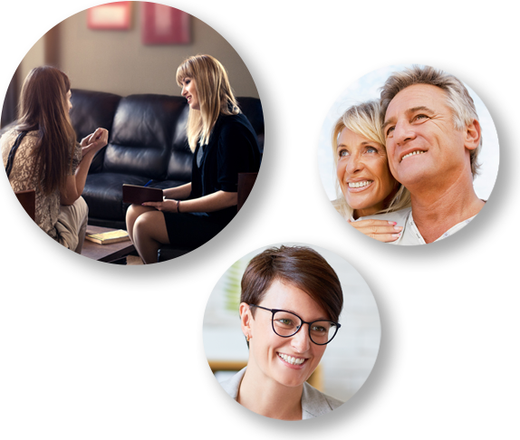 Therapy session, happy couple, smiling woman