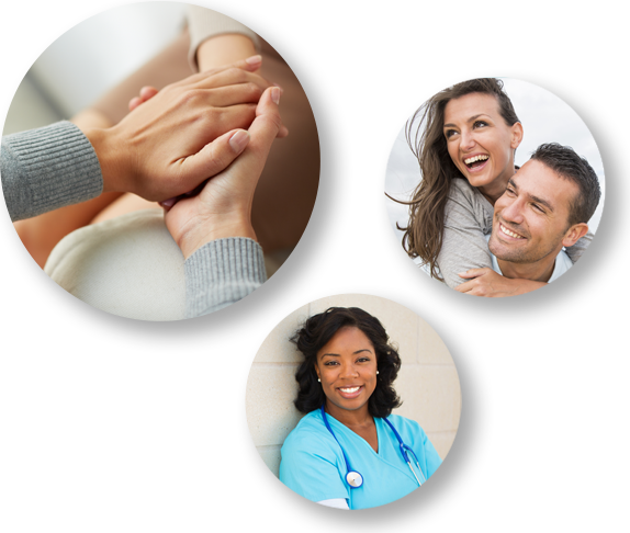 People holding hands, happy couple, nurse smiling.