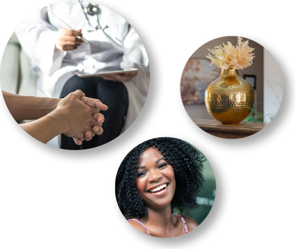 Doctor appointment, vase, smiling woman.